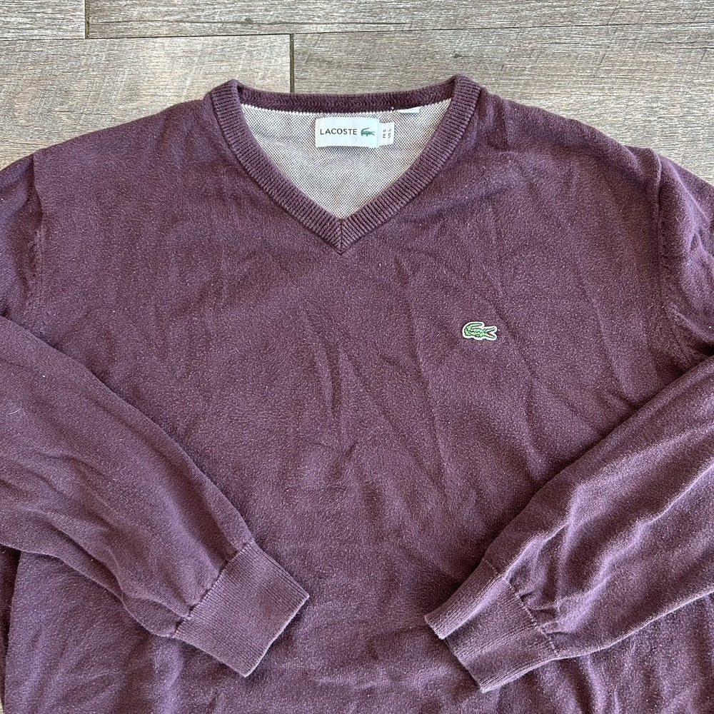 Lacoste Mens V-Neck Cotton Sweater Solid Maroon Red Crocodile Logo FR 6 US L